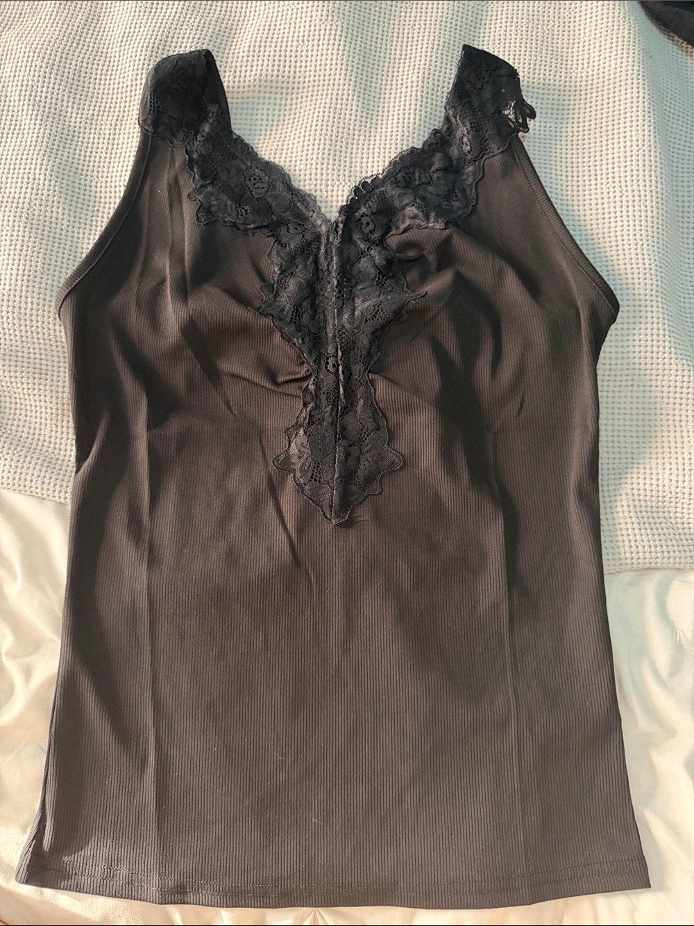 Black Ribbed Lace-Trim Tank